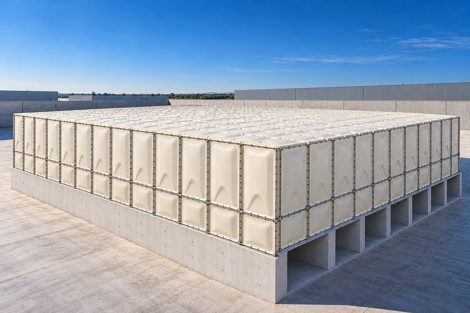 Large cream hot-pressed GRP sectional water tank in daylight