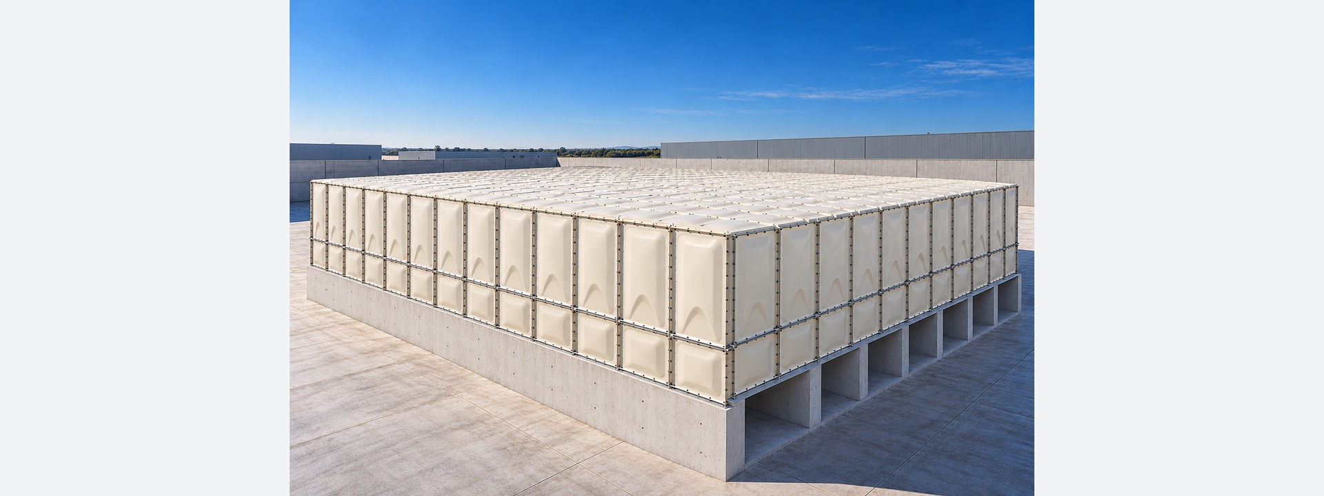 Large cream hot-pressed GRP sectional water tank in daylight